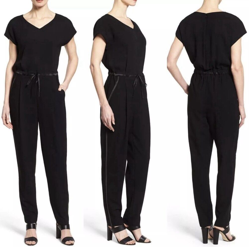 Lafayette 148 NY Size P (0-2) Jumpsuit Black Columbia Silk Trim V Neck Crepe